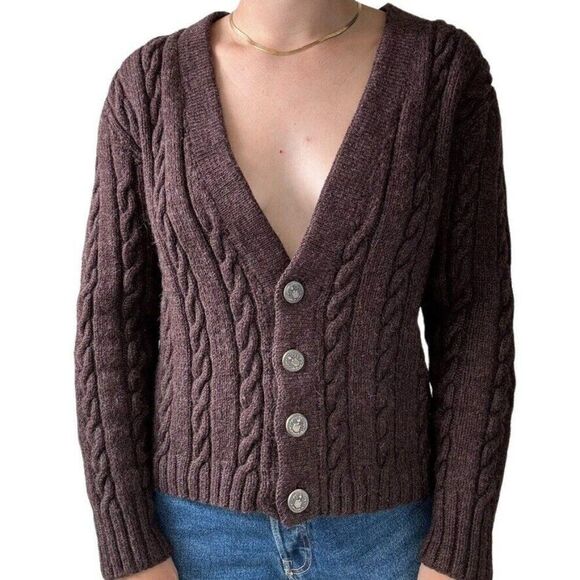 Vintage Womens Hand Knit Brown Wool Cable Fisherman Dark Academia Cardigan Sz M - Picture 1 of 4